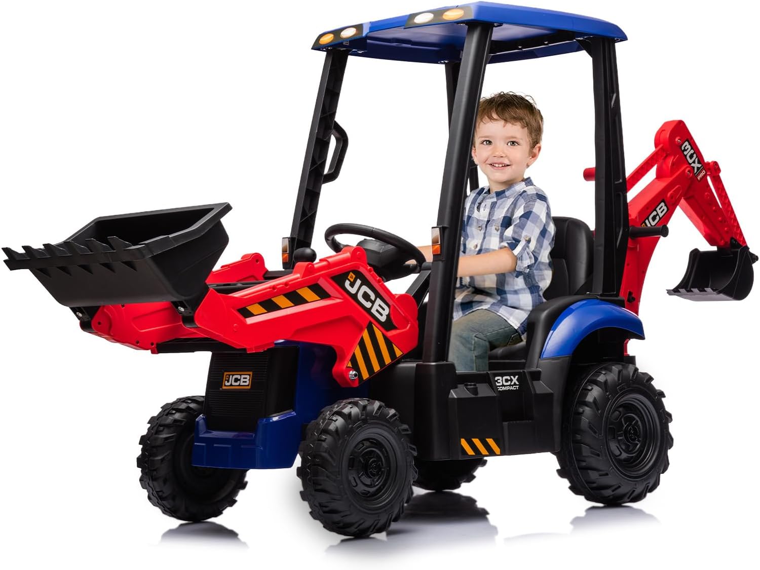 12V Kids Ride-On Excavator Tractor with 4-in-1 Attachments Trailer Includes Remote Control, Front Loader, Dump Truck & Bulldozer Red Outdoor Gift for Boys and Girls