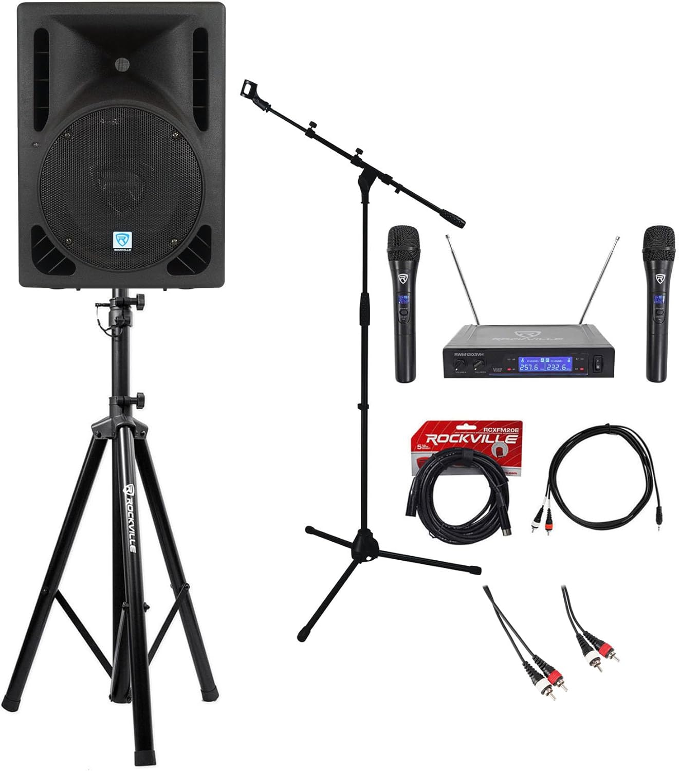 Rockville RPG10BT V2 Pro YouTube Karaoke Bundle: 10 in 600W Bluetooth PA Speaker, Mic & Speaker Stand, Dual Wireless Mics, RCA/TRS Cables for iPad, iPhone, Android, Laptop, TV, 7-Items
