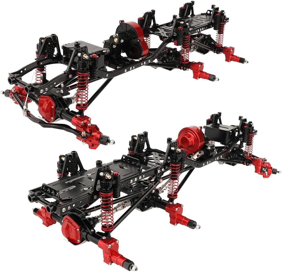 450mm Wheelbase 6x6 Chassis Frame Set with Transmission Front Middle Rear Complete Axle for 1/10 RC Crawler Car Axial SCX10 Metal DIY Upgrade (red -Black-Portal Frame)
