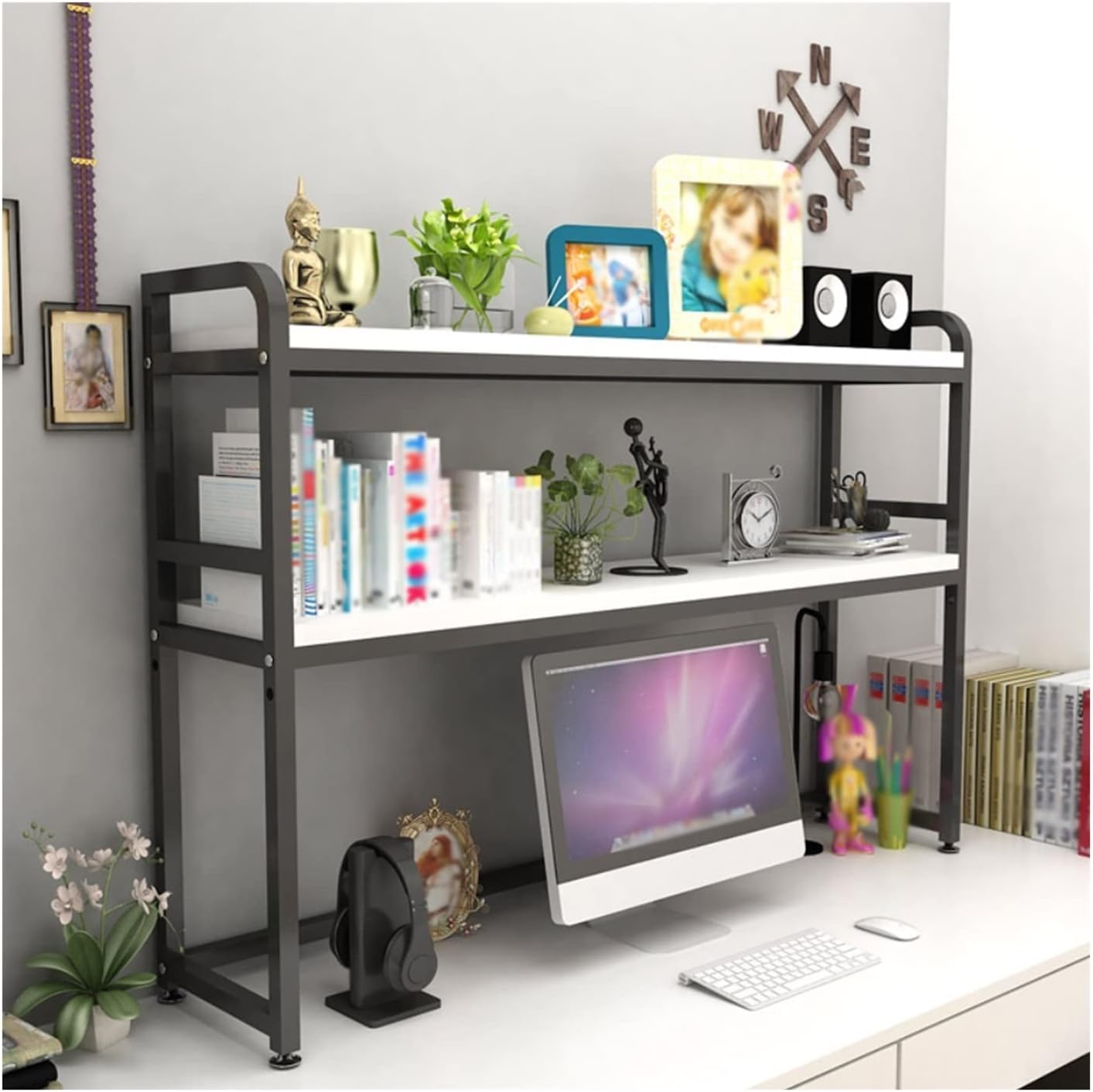 CAMBOS Bookshelf bookshelf 2 Tier Bookshelf, White Wood and Metal Bookcase and Bookshelves, Desktop Bookshelf for Bedroom, Large Size Storage Shelf for Living Room, Office and Kitchen bookcase