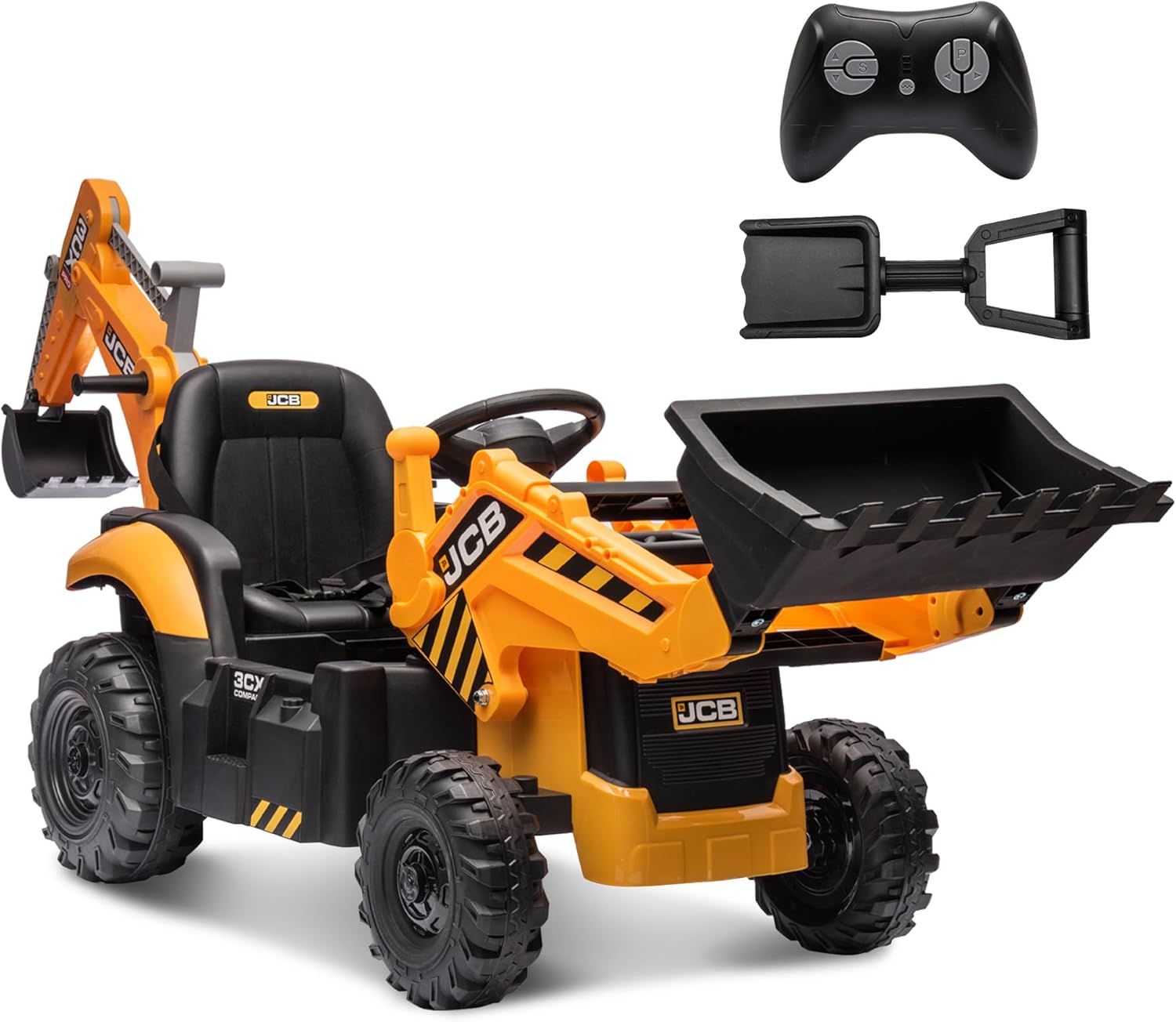 24V JCB Electric Backhoe Loader Toy Car for Kids, Battery Powered Ride on Excavator & Wheel Loader Construction Vehicle Toys w/Remote Control, Moving Parts, Adjustable Seat, Soft Start, Large
