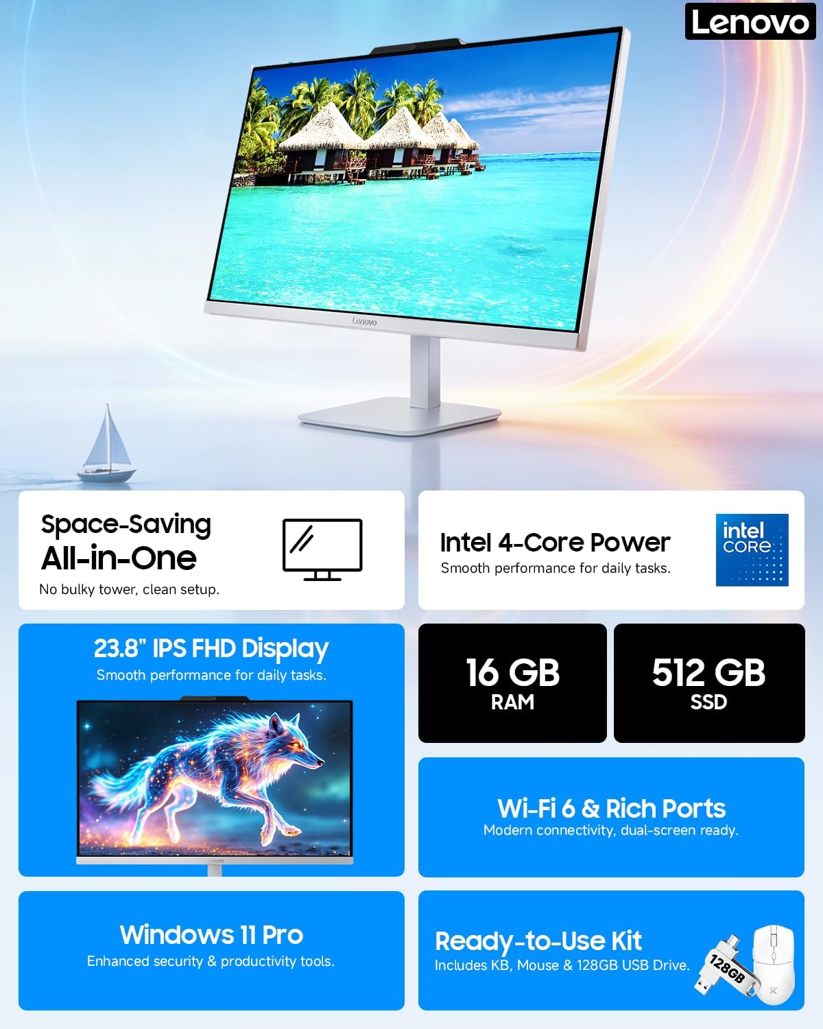 Lenovo All in One Desktop Computer 2025, 23.8