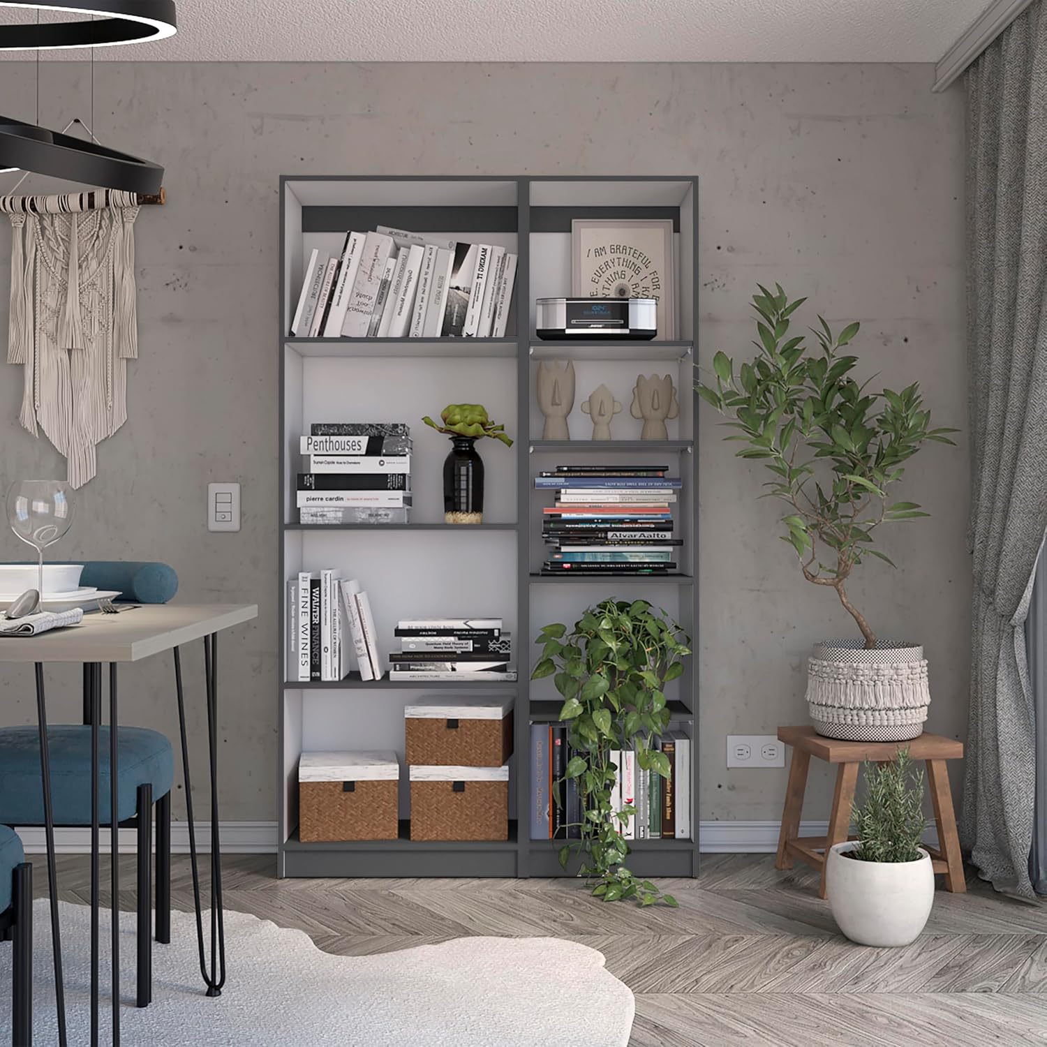 Benicabaly Versatile 2 Piece Bookcase Living Room Set for Modern Spaces, 9 Shelves, Matt Gray Finish