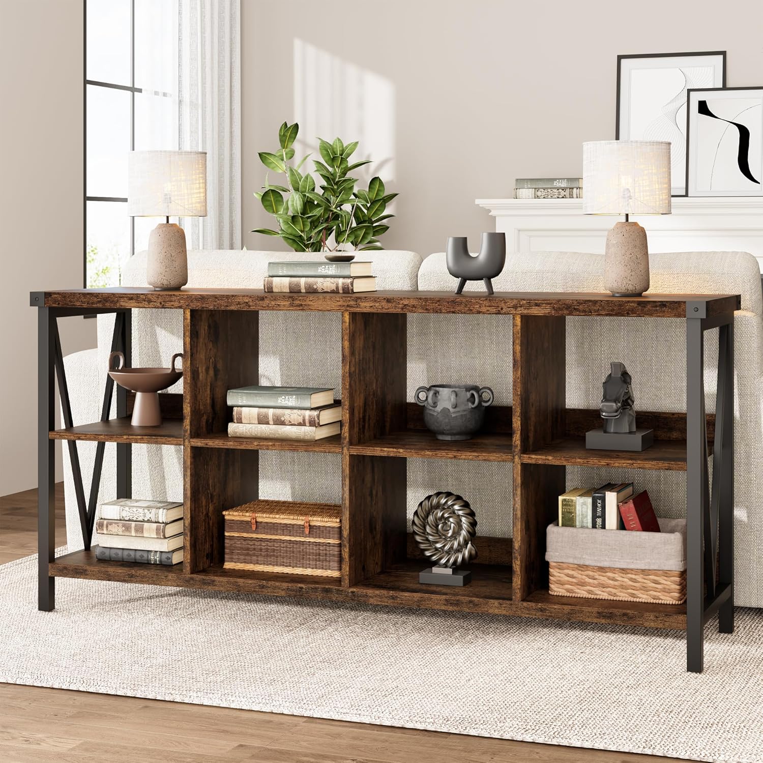 Takywep 8 Cube Storage Organizer Bookshelf, 62 inch Industrial Low Book Shelf and Book Case, 2 Tier Metal Horizontal Bookcase for Living Room, Home Office, Retro Brown