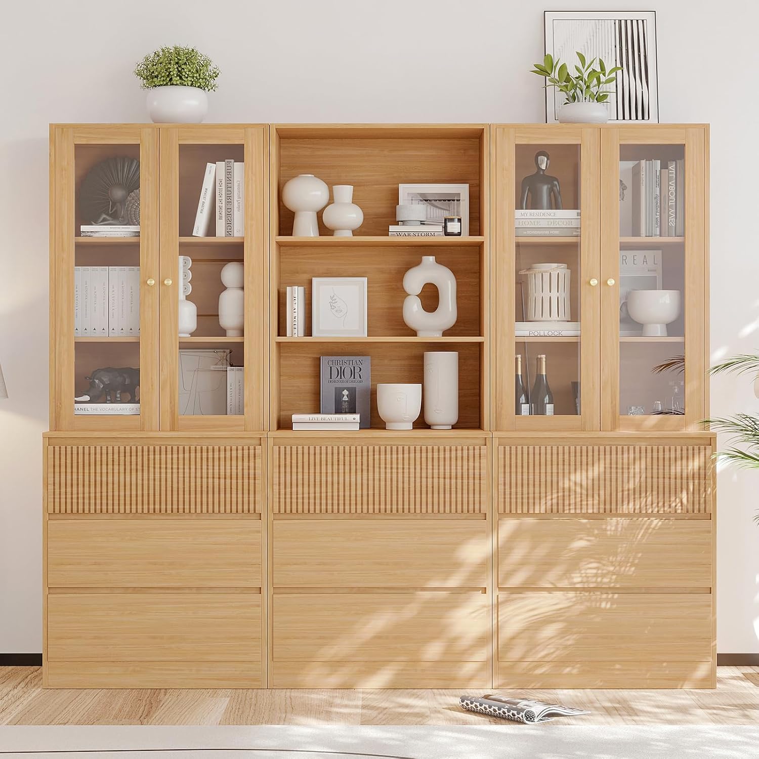 VOWNER Wood Bookcase Cabinet, 71’’ Freestanding Tall Storage Cabinet with 2 Tempered Glass Doors, Modern Kitchen Cupboard Large Floor Cabinet for Kitchen, Living Room, Home Office (B+2D)