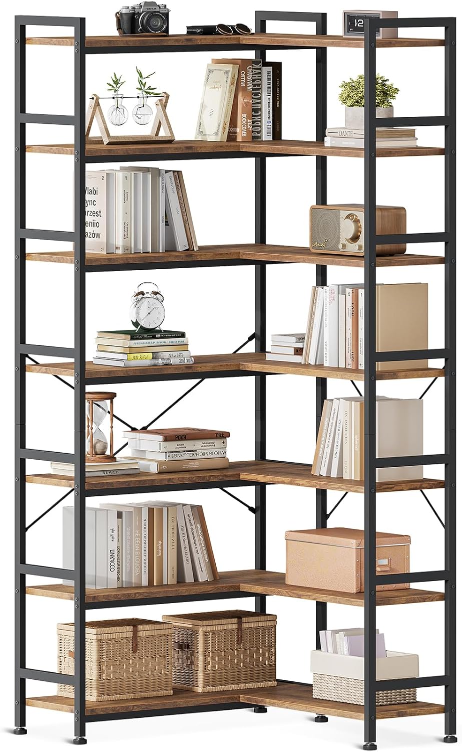 Casaottima Corner Bookshelf 7 Tier, 76 Inches Reversible Book Shelf for Living Room, Industrial Wooden Bookcase with Open Shelves and Metal Frame for Bedroom, Home Office, Kitchen, Vintage