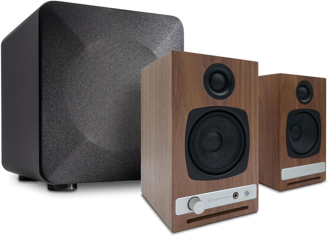 Audioengine A2 HD (HD3) Walnut 60 Watt Pc Speakers for Desktop and S6 Gray Subwoofer for Music Gaming Movies Studios Dorms Bedrooms Offices