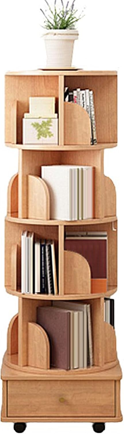 GAMAK Rotating Bookshelf 3-5 Tier Revolving Bookcase with Brake Wheels 360° Display Floor Standing Bookcase Storage Rack Wood Narrow Book Shelf Organizer (Color : Wood, Size : Five)