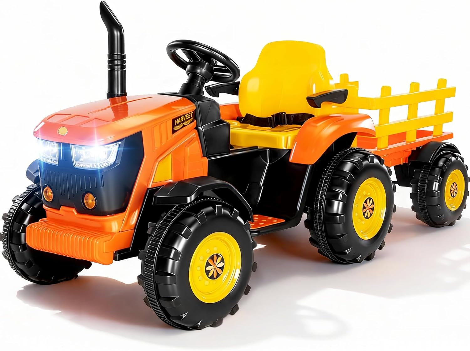 24V XL Ride-On Tractor with Tiltable & Detachable Trailer, 2×80W Motors, Adjustable Handles, EVA Tires, Forward & Reverse, Safety Belt, Remote Control - Farm Harvest Edition