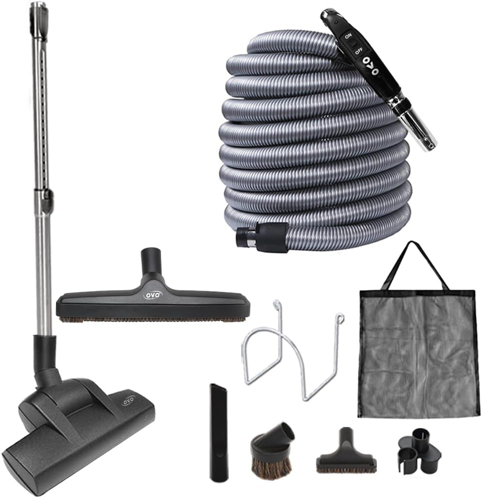 OVO Central Vacuum Deluxe Plus Kit, 35ft ON/Off Low-Voltage Hose, Air Driven Carpet Beater, 12’’ Premium Floor Brush, Cleaning Tools and Easy Storage Accessories