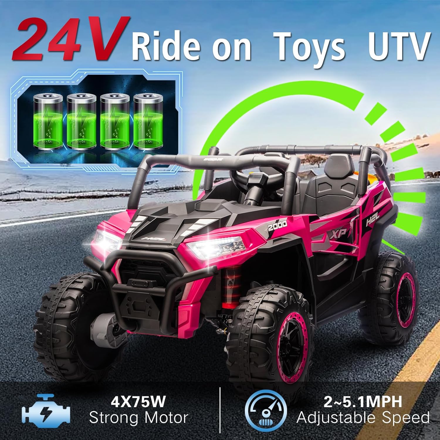 24V Car for Kids, 4WD Ride on Electric Cars, 4x4 Battery Powered Electric UTV for Boys Girls, 3 Speeds Off Road Truck with Bluetooth (Pink)