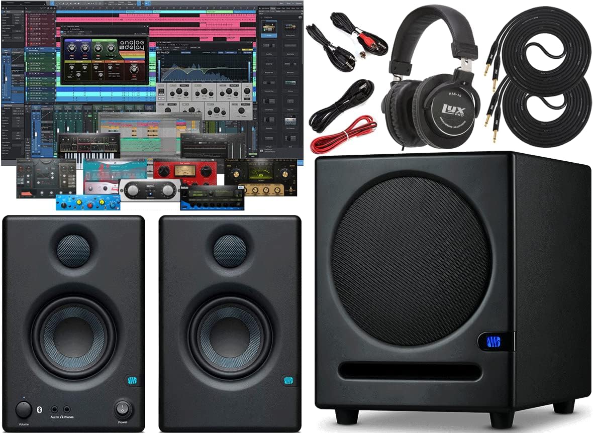 PreSonus Eris Sub 8 Compact Powered Studio Subwoofer with Eris E3.5 BT 2-Way 25W Bluetooth Monitors Featuring Music Editing Software and Headphone and Instrument Cables