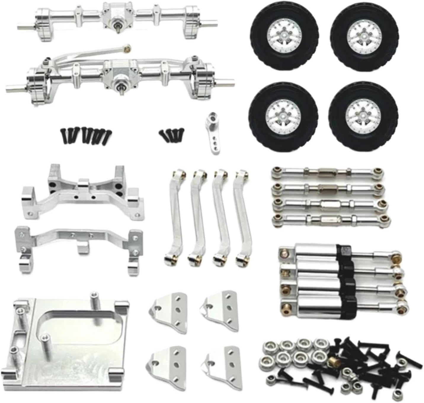 RC Car Accessories for MN99S 1/12 RC Car Upgrade Parts Metal Front and Rear Portal Axle for Chassis Link Rod Pull Rod Mount Shock Absorber Tire Set(Silver)