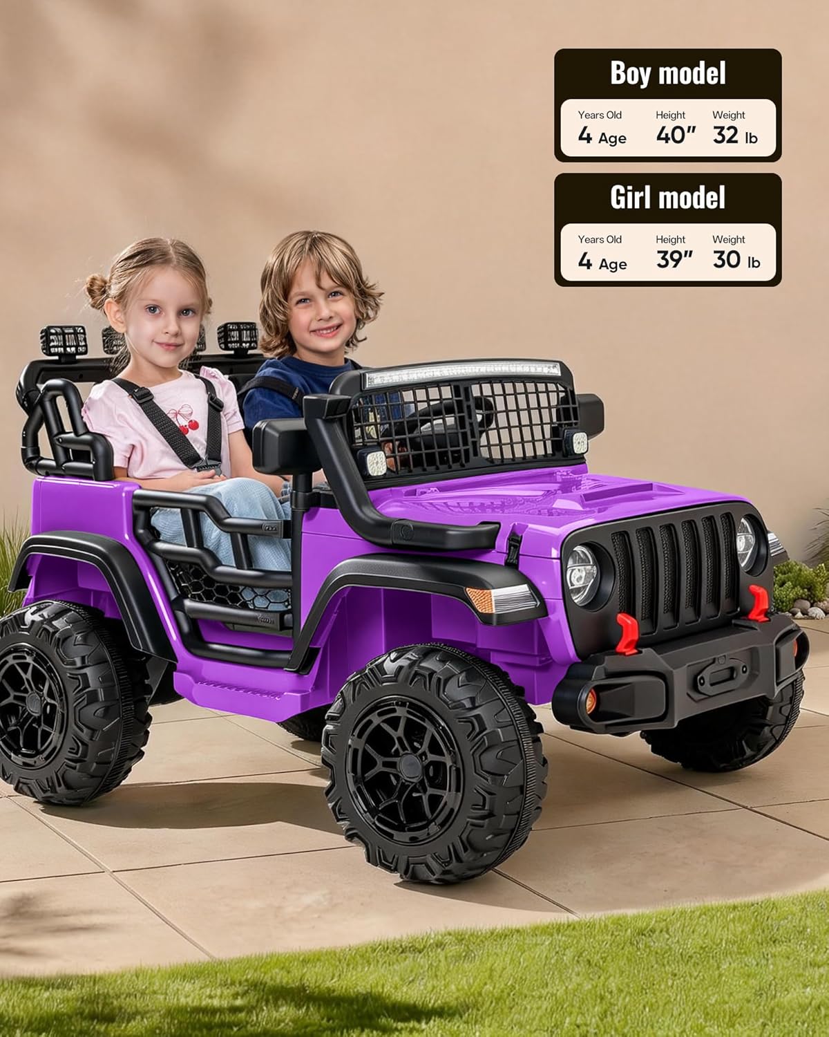 2 Seater Ride on Car Toy, 12V Electric Car for Kids 4-8 with Remote Control, Capacity 110 lb, LED Light - Purple