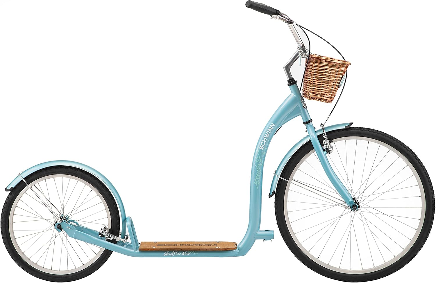 Schwinn Shuffle or Shuffle Deluxe Adult Kick Scooter, 26 Inch Front Wheel & 20 Inch Rear Wheel, Smooth Ride, Durable Steel Frame, Fenders, Front & Rear Linear Pull Brakes, Two Wheel Scooter for Adults