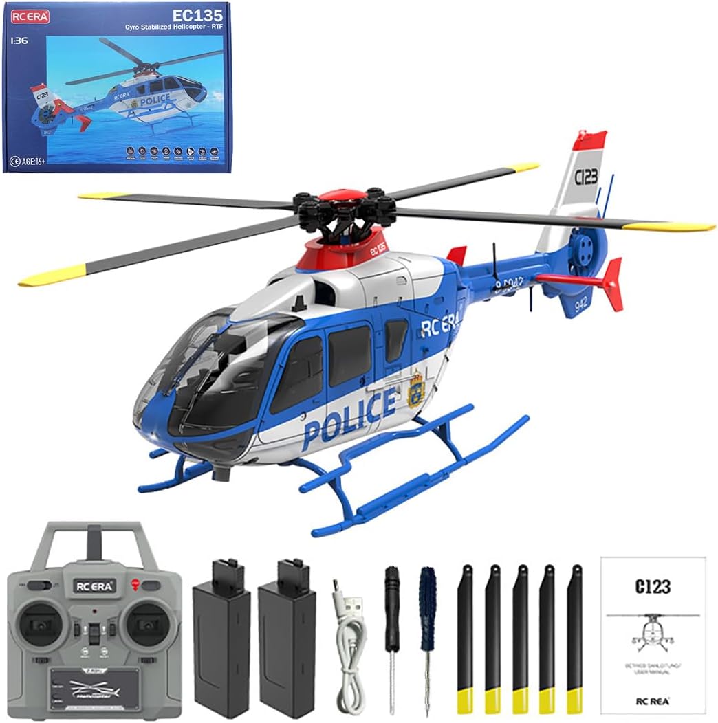 C123 EC135 RC Helicopter for Adults, 1/36 2.4G 6CH Single-Rotor Gyroscopic Flying Aircraft Model with 3D Flip, Inverted Flight, Altitude Hold, One Key Take Off/Landing（Blue White