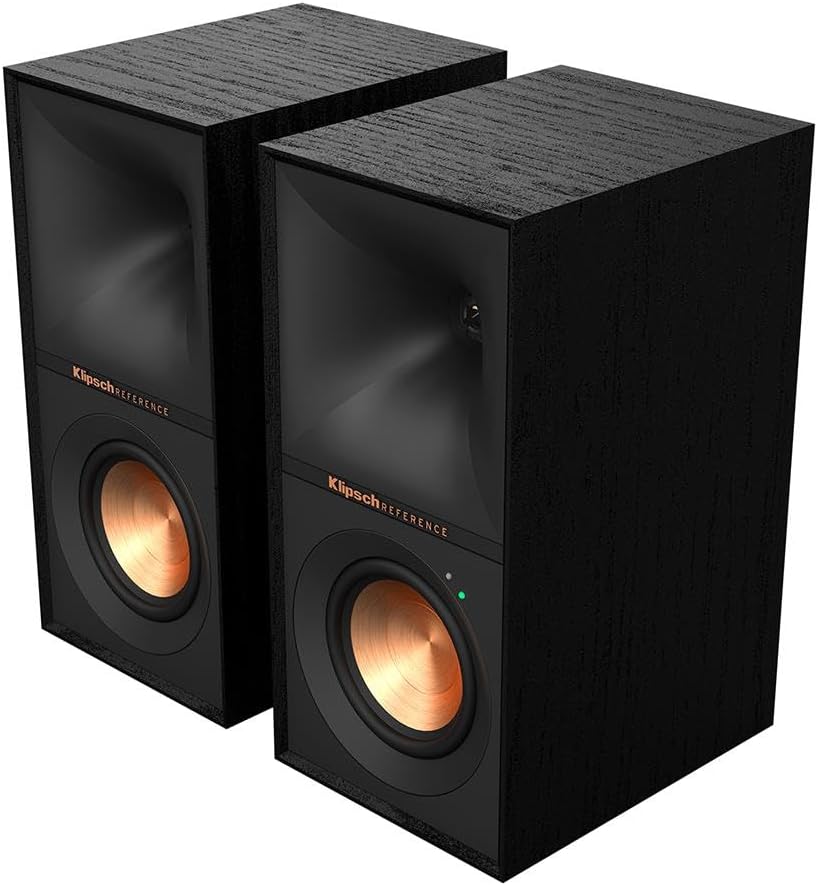 Klipsch Reference R-40PM Powered Bookshelf Speakers - 90-Degree x 90-Degree Tractrix Horn - Linear Travel Suspension - Sleek