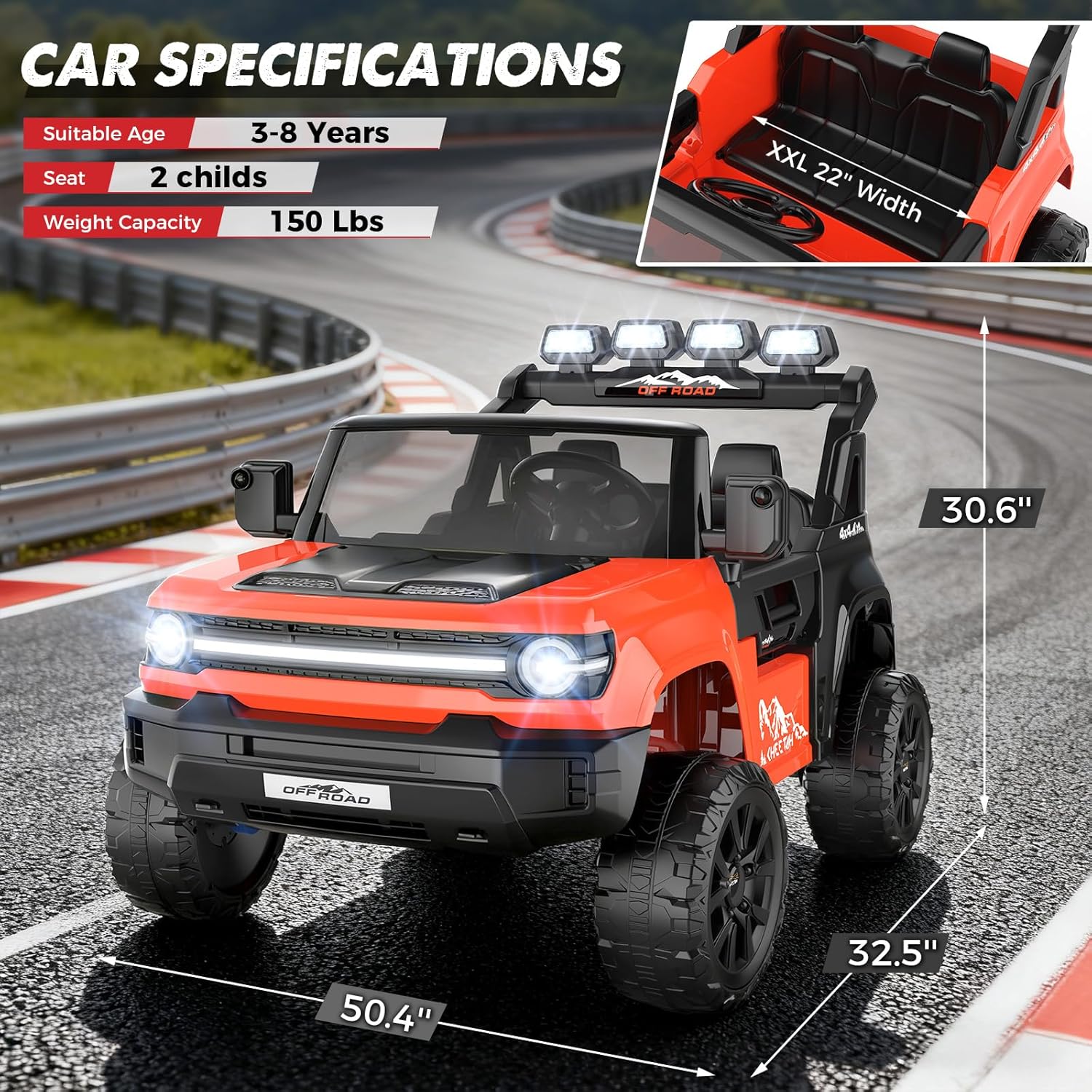 Hikole 2 Seater 24V Ride on Toys for Kids, Power Wheels with Remote Control, Electric Vehicle, 4×200W Strong Motors, XXL 22'' Seat, Long LED Lights/Shock Springs/Rear Storage/Dashboard-Red