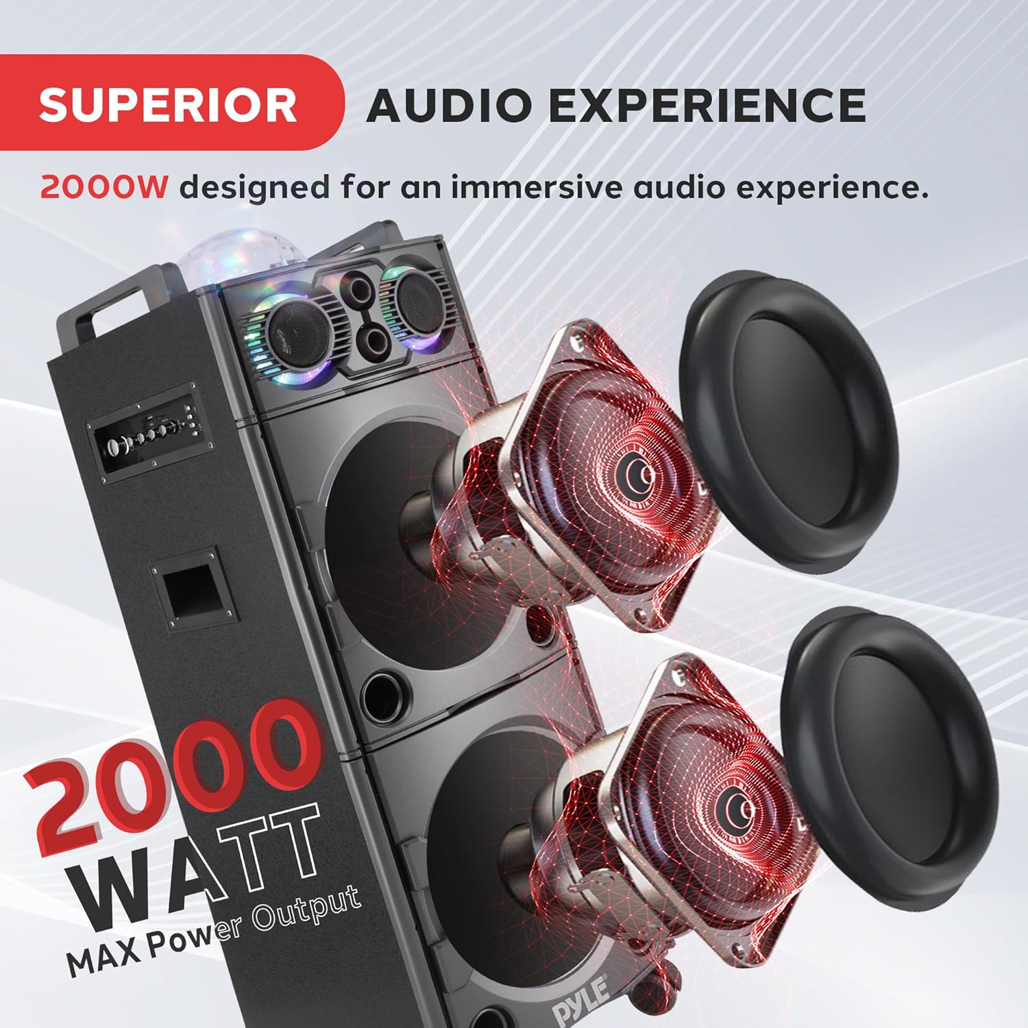 Pyle Portable Bluetooth PA Speaker System - 2000W Active powered Outdoor Bluetooth Speaker Portable PA System w/ Microphone In, Party Lights, USB SD Card Reader, AUX/RCA/FM Radio, Wheels - PSUFM1043BT