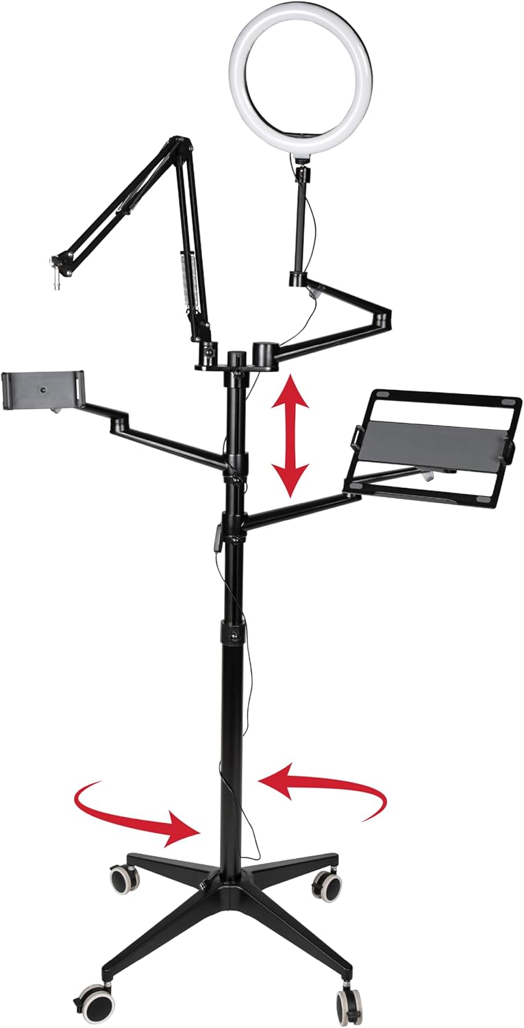Gator Frameworks 5-in-1 Mobile Content Creator Streaming Stand with Wheeled Tripod Base – Includes Smartphone, Tablet, Laptop Clamps, Ring Light, and More! (GFW-STREAMSTAND-W)