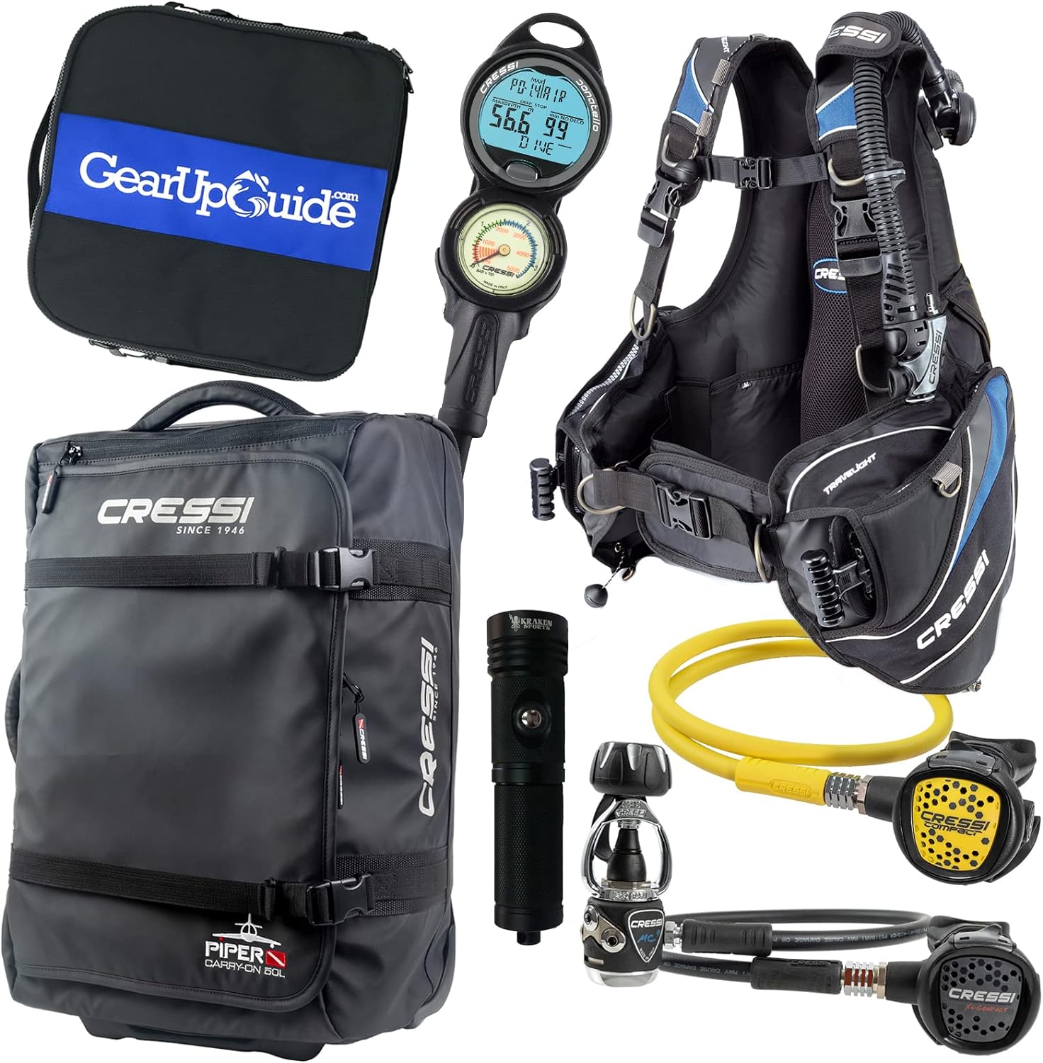 Cressi Travelight 15 LBS Scuba Diving Package Carry On Reg Dive Computer GupG Reg Bag and Kraken Dive Torch