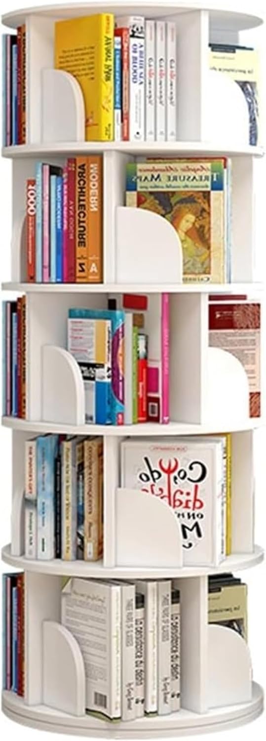 2/3/4/5/6 Tier Revolving Bookshelf Revolving Bookcase 360° Display Rack White Bookshelf Rotating Round Bookcase Wooden for Living Room Bedroom (White,40 * 40 * 160cm)