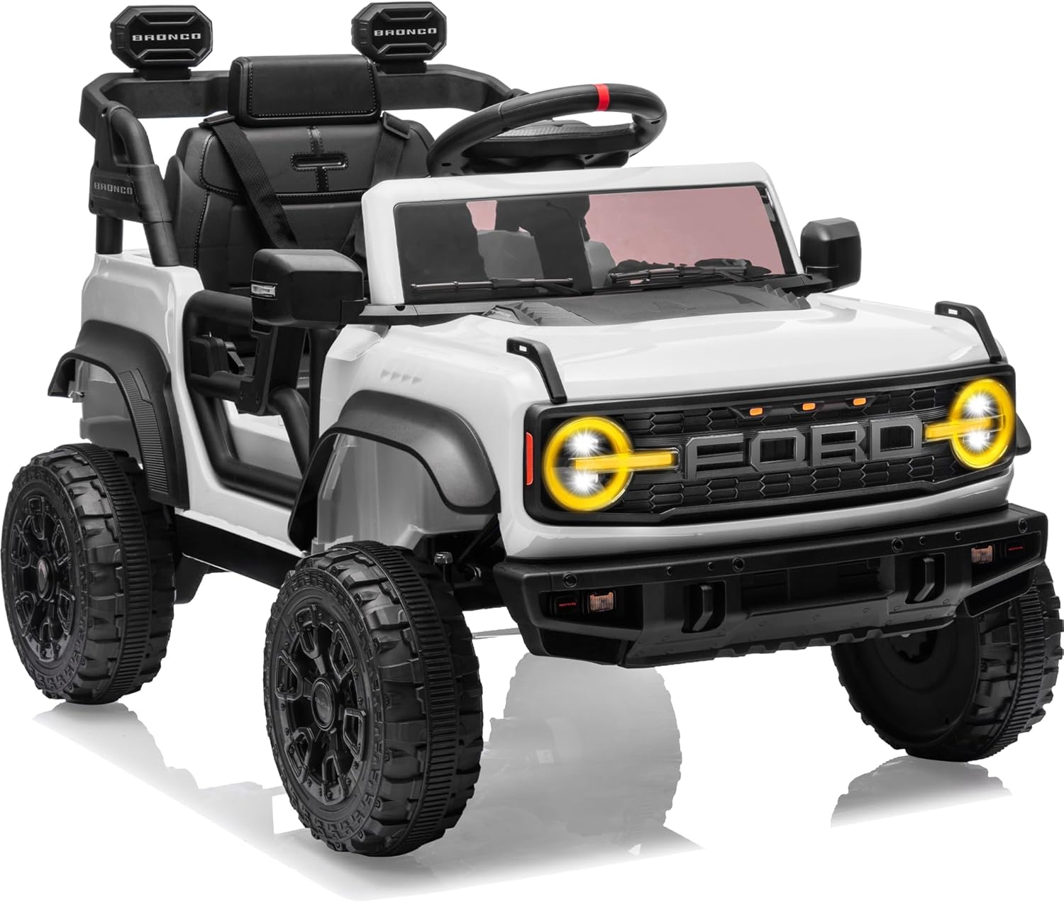 First Ride On Ford Bronco Raptor 12V Toddler Ride on Toys, Safe Kids Ride on Truck with Remote Control, Children Electric Cars with 4 Wheels Suspension, Radio, Music, Bluetooth (12V, White)