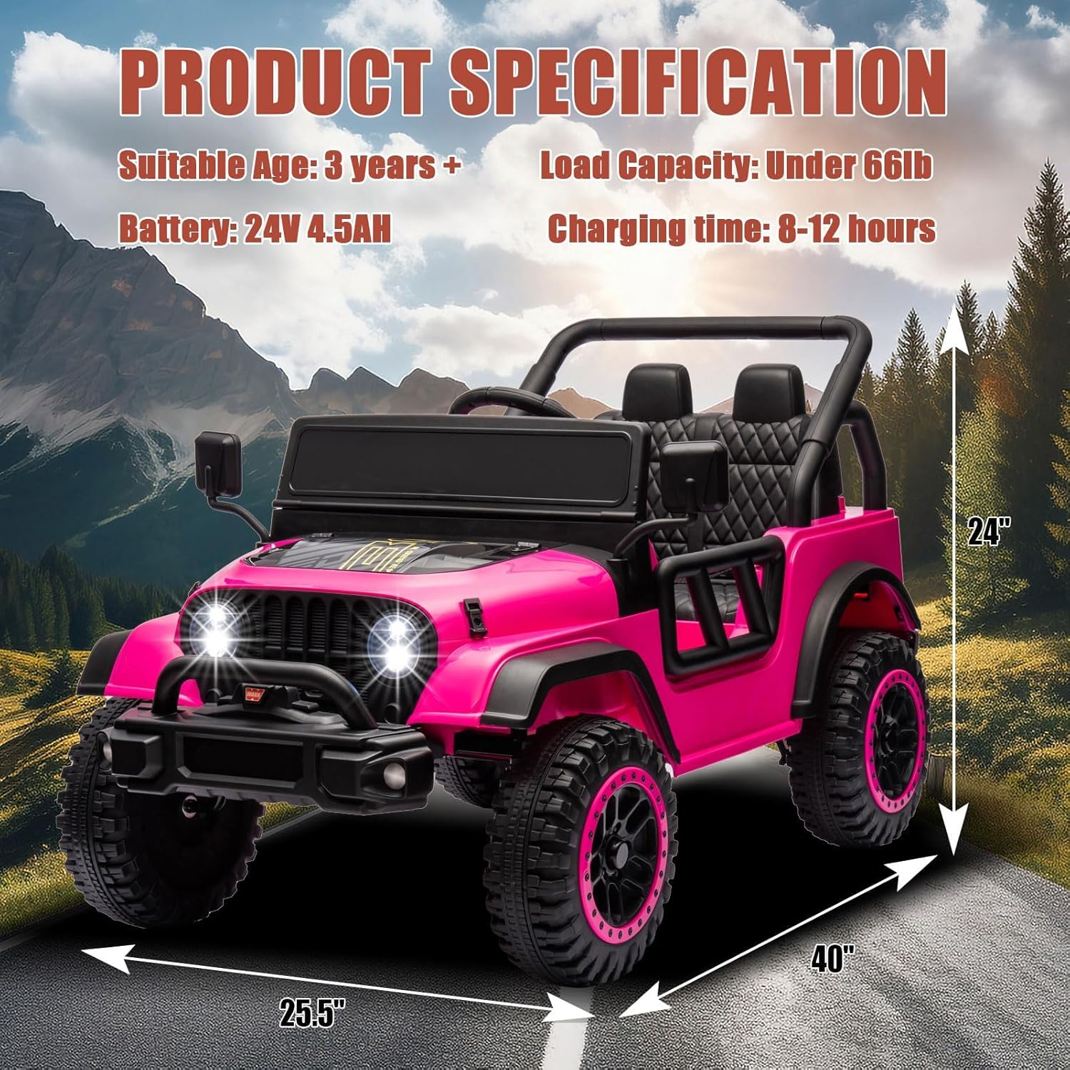 FINITO 24V Ride On Toys, Electric Car for Kids, with Remote Control, LED Lights, Music Player, and Bluetooth Functionality, Suitable as a Gift for Boys and Girls Aged 3+ (Pink)