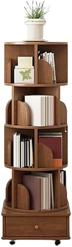 Rotating Bookshelf 3-5 Tier Revolving Bookcase with Brake Wheels 360° Display Floor Standing Bookcase Storage Rack Wood Narrow Book Shelf Organizer (Color : Walnut, Size : Five)