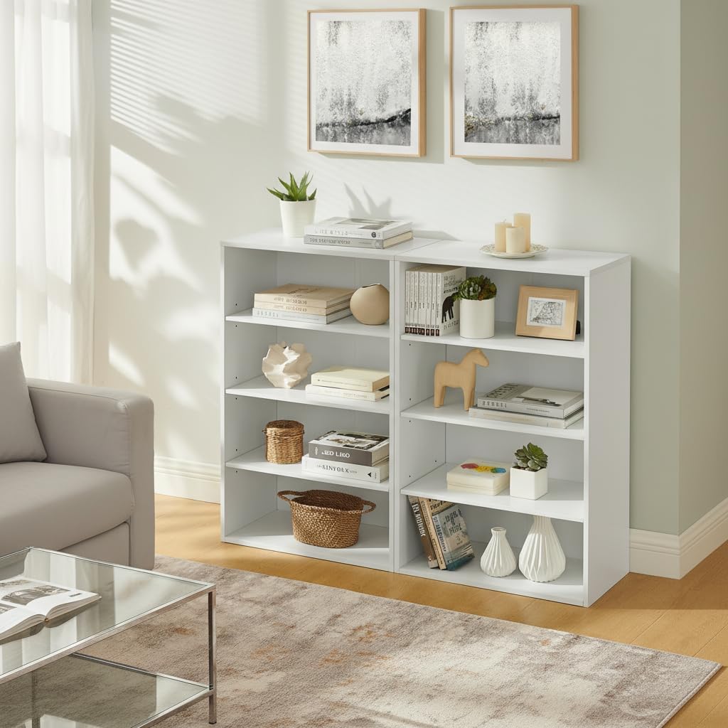 FEBORY Modern 8-Tier Bookcase, White MDF Wood, 71x23.6x11.8 Inches, Adjustable Shelves, Convertible to Two 4-Tier Units, for Home Office CD DVD Storage