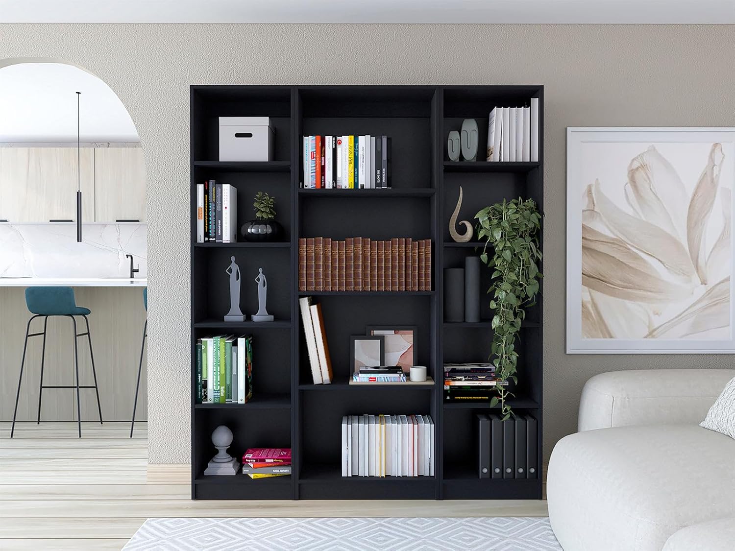 Benicabaly Stylish and Flexible 3 Piece Living Room Set with Bookcases, Elegant Black Wood Finish