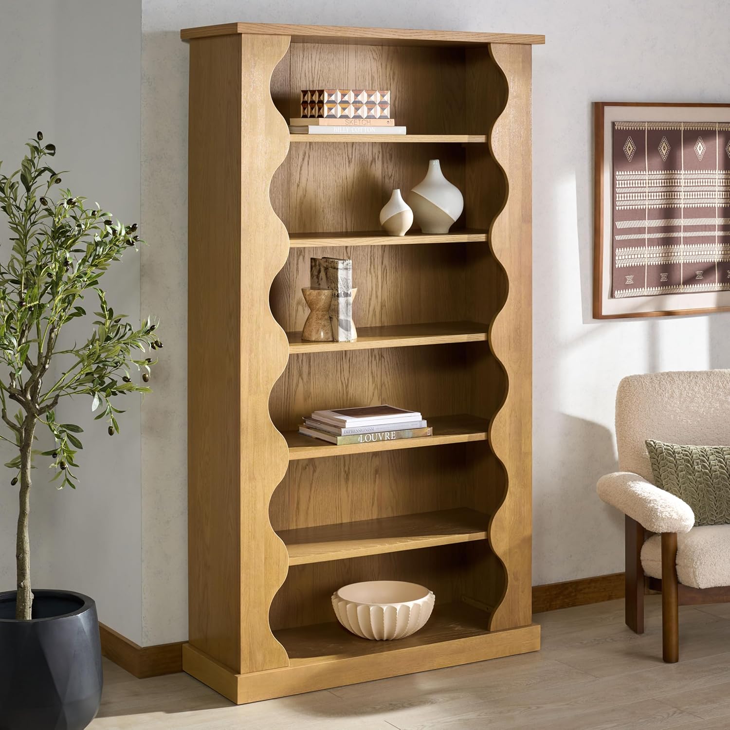 SAFAVIEH Couture Collection - Tristyna Natural Brown Wood 6-Shelf Bookcase with Sculpted Side Panels, Modern Oak Veneer Display (SFV4245B)