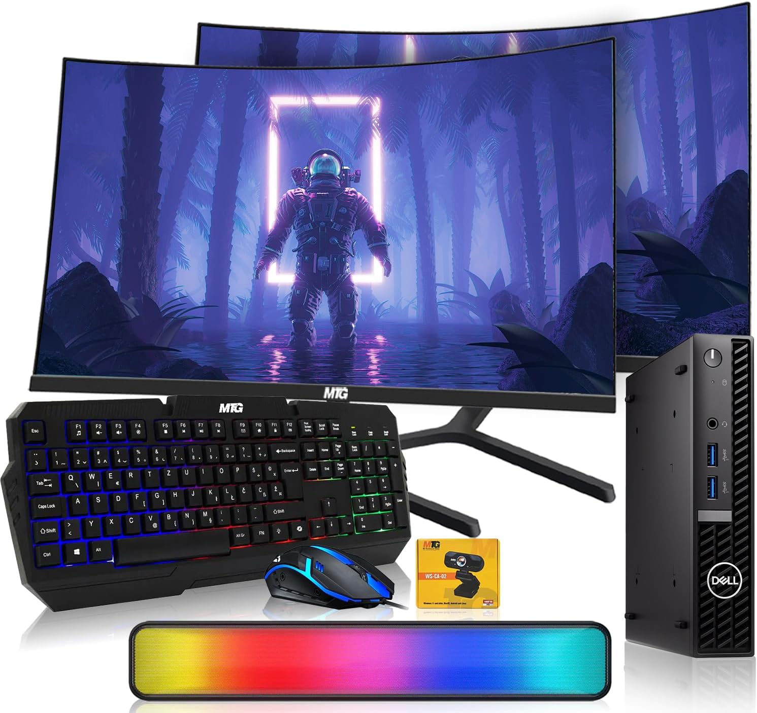 Dell Optiplex Tiny Mini Desktop PC, Intel Core i5, 32GB RAM, 1TB SSD with Dual 32 inch Curved Monitor, AI Enabled RGB Keyboard Mouse, RGB Soundbar and Webcam Windows 11 Pro (Renewed)