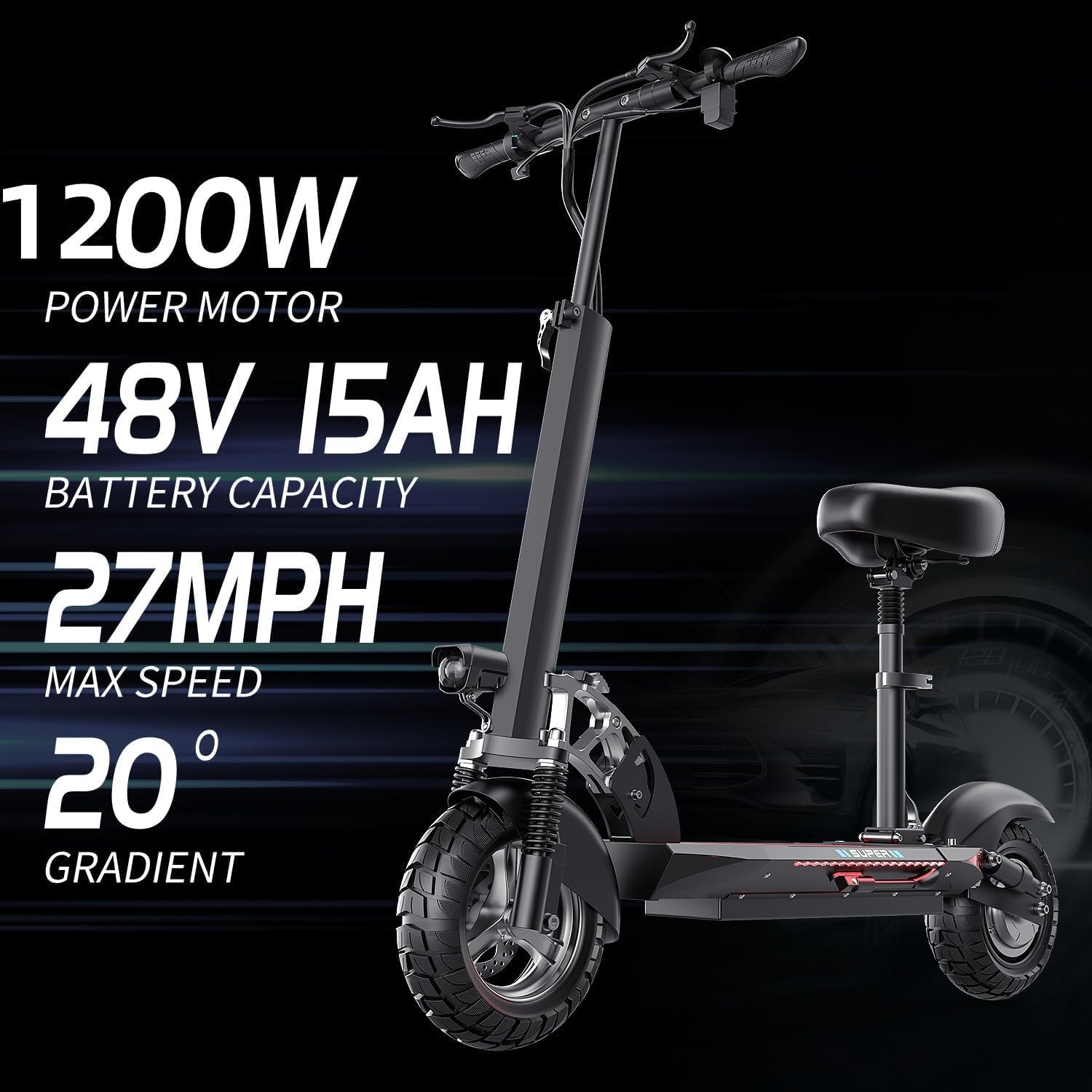 1200W Peak Dual Motor Electric Scooter with Seat, 48V 15AH 27 MPH,Up to 45+ Miles, UL2272 Certified Foldable Commuting E-Scooter Full Suspension