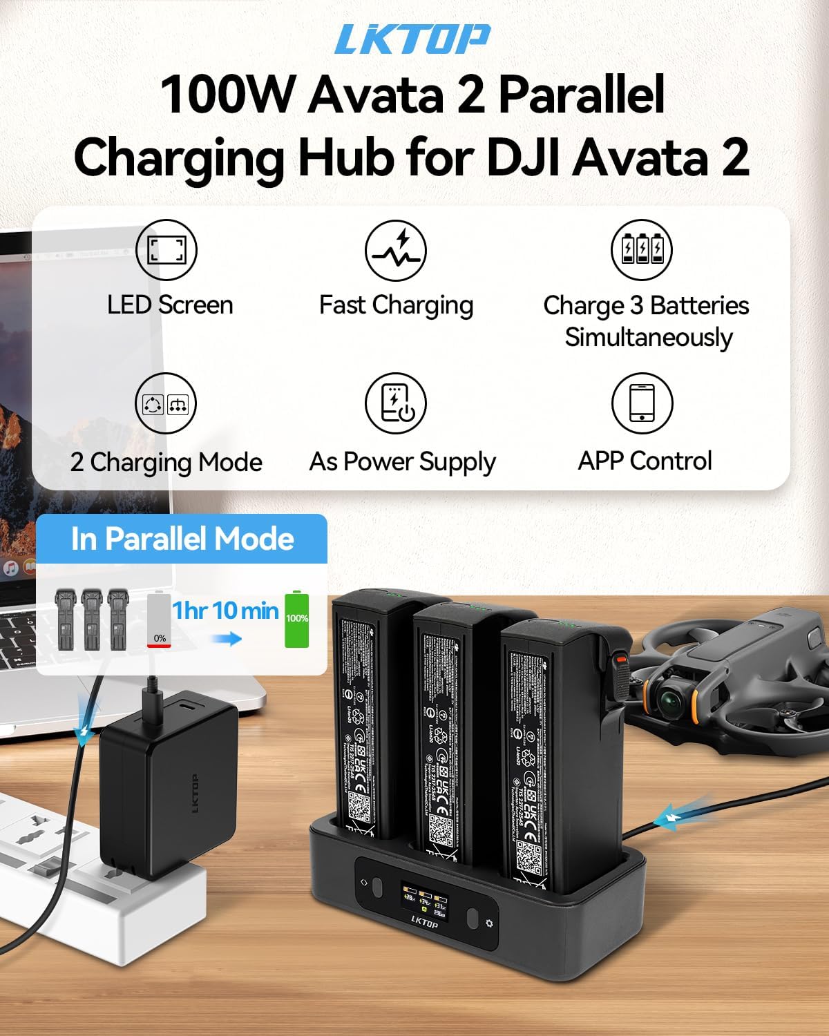 LKTOP 100W Avata 2 Battery Charging Hub Bundle, 3Pack Original Avata 2 Battery+1Pcs Hub+1Pcs 100W Fast Charger, Compatible with DJI Avata2 Drone, 2150mAh Flight 23min, Charge 3 batteries for 1hr 10min