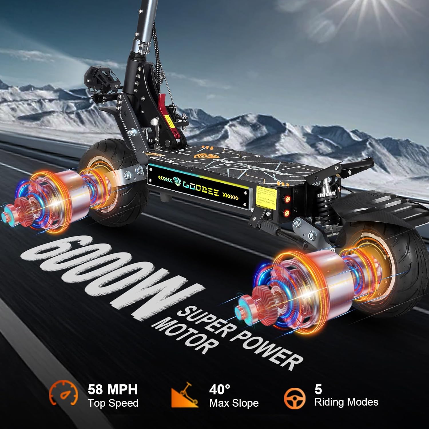 6000w Electric Scooter Dual Motor Up to 58 MPH, 60V35Ah Battery 60 Miles Long Range, Dual Suspension and Hydraulic Disc Brakes, Fat Tires Fast Electric Scooter with seat & Damper