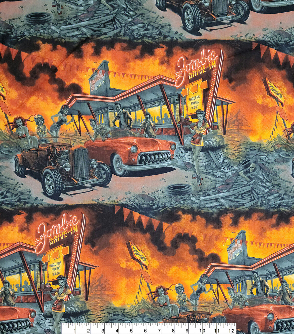 Alexander Henry Orange Zombie Drive In Novelty Cotton Fabric