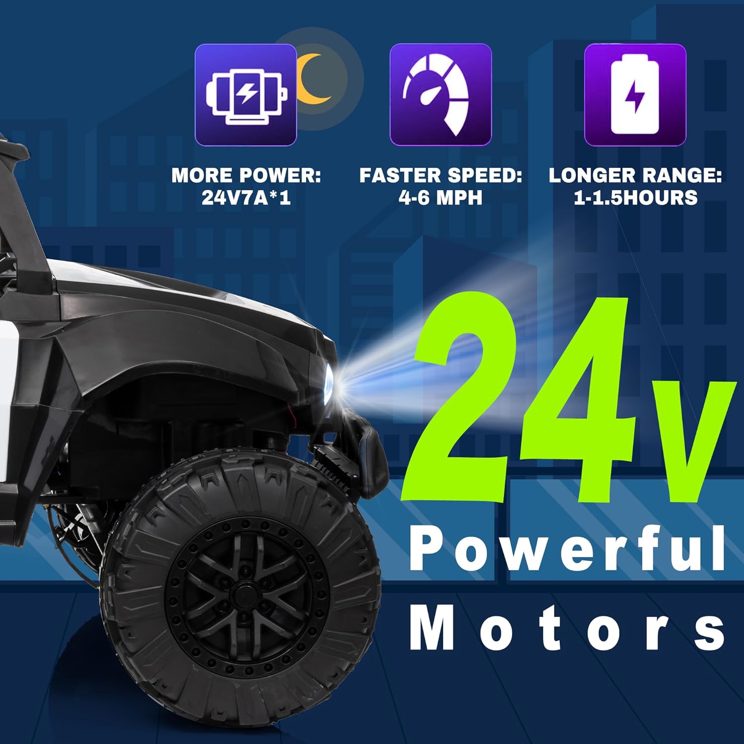 24V Ride on Car Toys for Big Kids, 4 Wheeler Electric Off-Road UTV Trucks with 2-Seater, LED Lights, Music and Remote Control, Police Vehicles for Ages 3+ Boys and Girls- Black&White