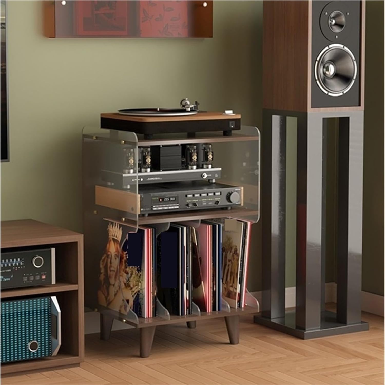 Mid-Century Modern 3-Tier Record Player Stand Storage Table Rustic Wood & Acrylic Accents for Living Room Multi Scenario Use(Clear)