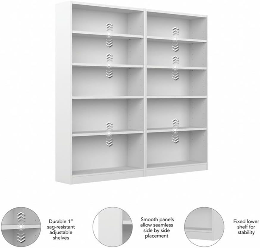 Pemberly Row Universal 5 Shelf Bookcase in Pure White (Set of 2)