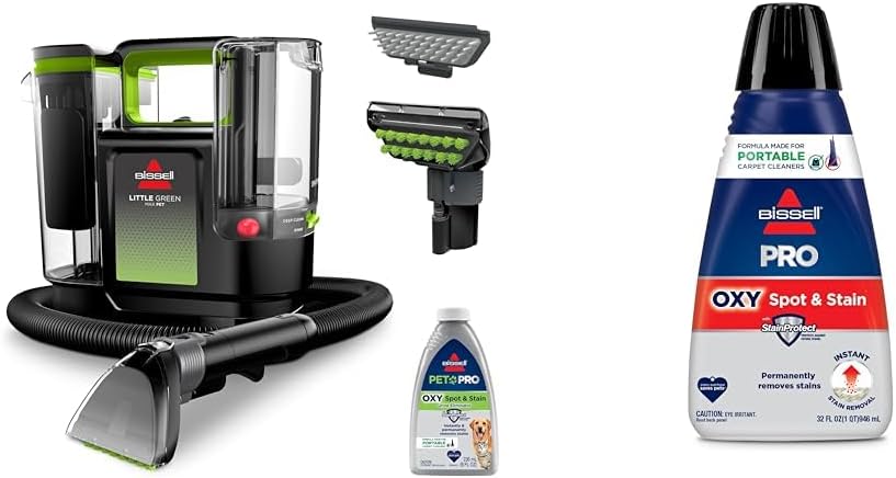 BISSELL® Little Green® Max Pet SmartMix Portable Carpet and Upholstery Deep Cleaner, 38572 + Bissell Professional Spot and Stain + Oxy Portable Machine Formula, 32 oz, Single, 32 Fl Oz