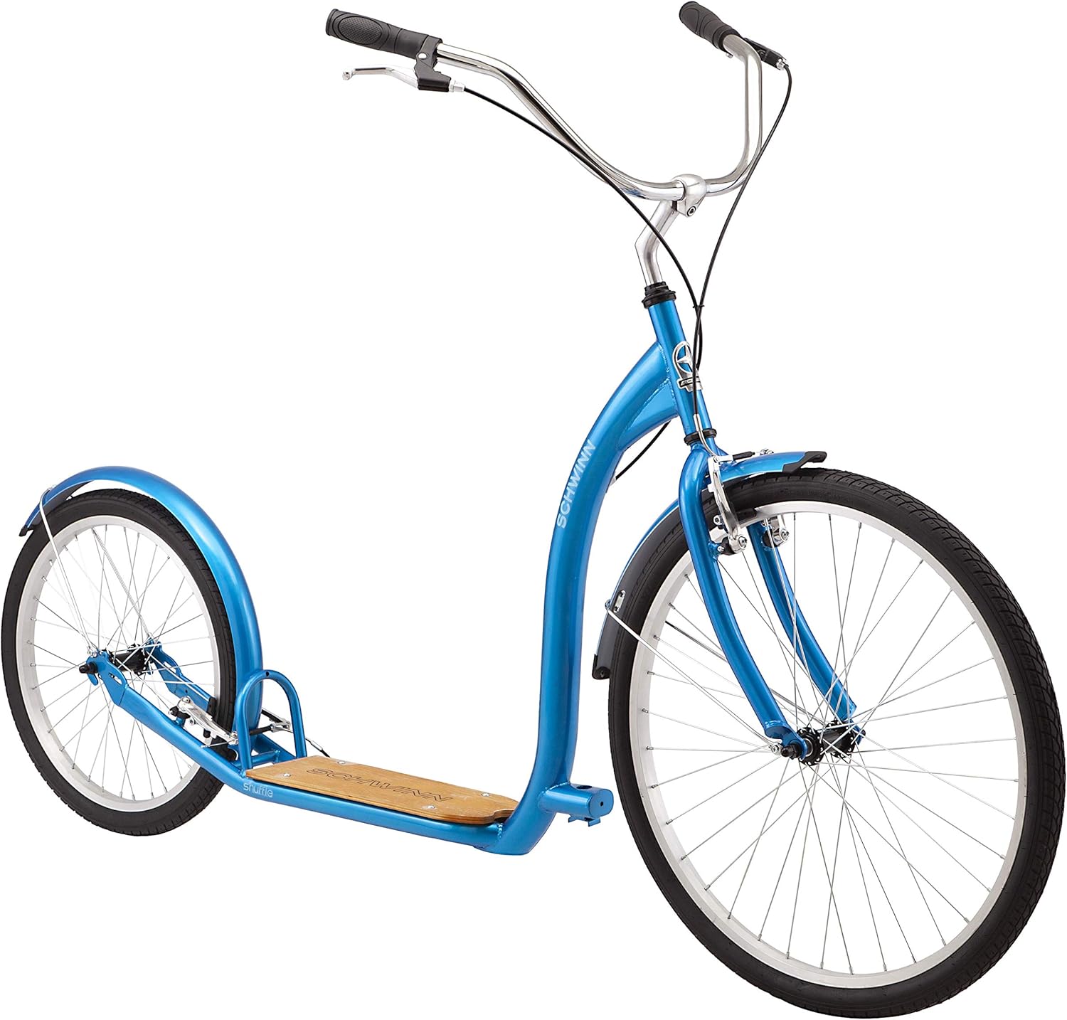 Schwinn Shuffle or Shuffle Deluxe Adult Kick Scooter, 26 Inch Front Wheel & 20 Inch Rear Wheel, Smooth Ride, Durable Steel Frame, Fenders, Front & Rear Linear Pull Brakes, Two Wheel Scooter for Adults