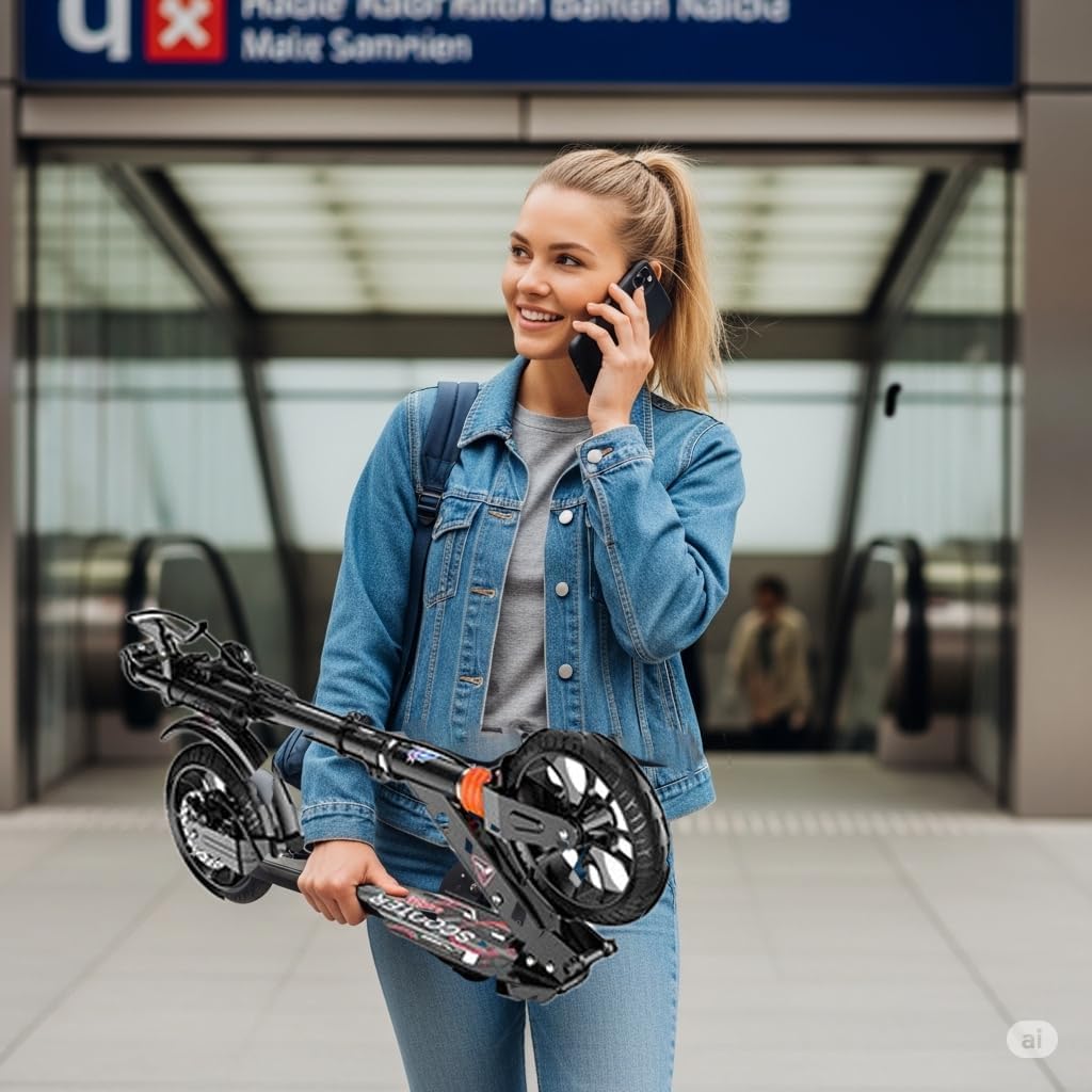 Folding Kick Scooter for Adults & Kids – 2-Wheel Adjustable Height Scooter with Hand & Foot Brake, Dual Suspension, Anti-Slip 5cm Tires, Quiet Ride, 600 Pound Capacity, for Ages 6+