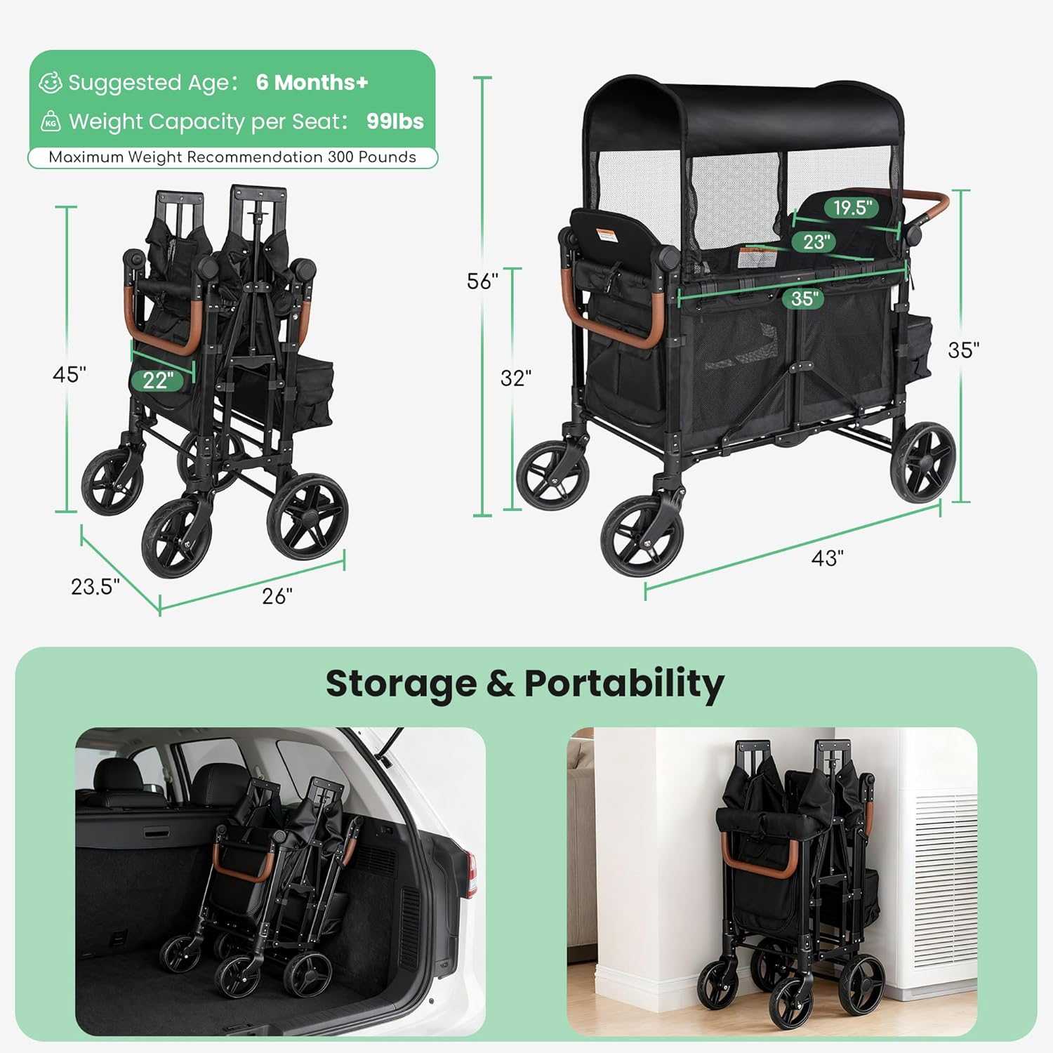 4-Seater Wagon Stroller for 4 Kids, Collapsible Push-Pull Stroller with Adjustable Handle, Removable Canopy & Safety Harness, 330LBS Capacity, All-Terrain for Camping & Outdoor Adventures