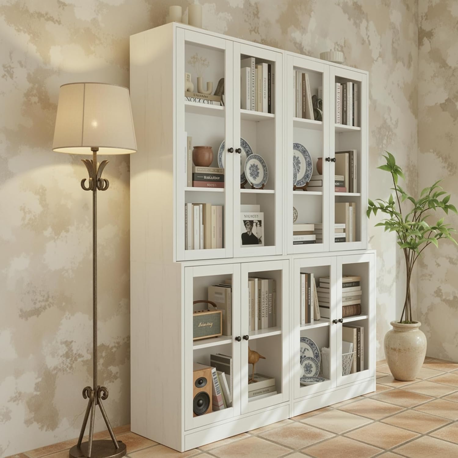 TUSY 5 Shelf Display Bookcase with Glass Doors - 70.9“ H Wooden Bookshelf for Home Office, Classic Curio Cabinet for Living Room, Vintage Bookcase for Bedroom (White)
