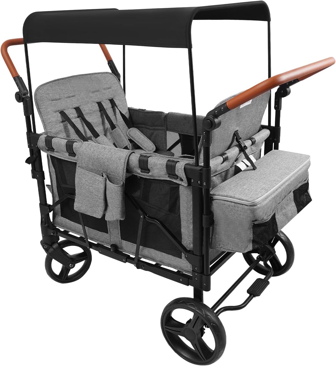 Foldable Double Push Bar Stroller Wagon Featuring 4 High Seat for 4 Kids