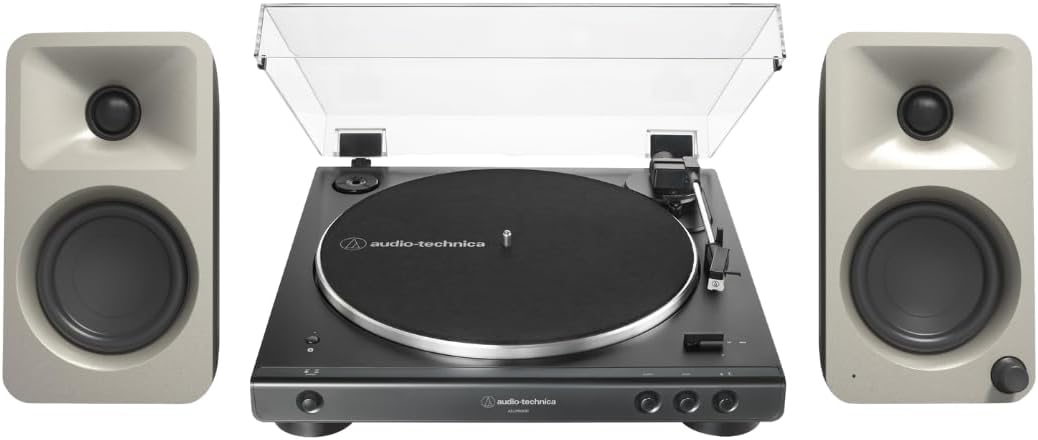 Kanto ORAME 100W Powered Reference Desktop Computer Speakers (Moon) with 60XBT-BK Fully Automatic Belt-Drive Stereo Turntable - Bundle