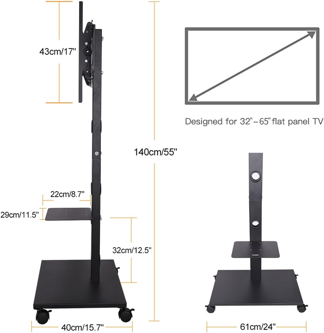 Tilt Height Adjustable TV Floor Stand Display Cart with Locking Wheels Two Shelves for 32-65 Inch