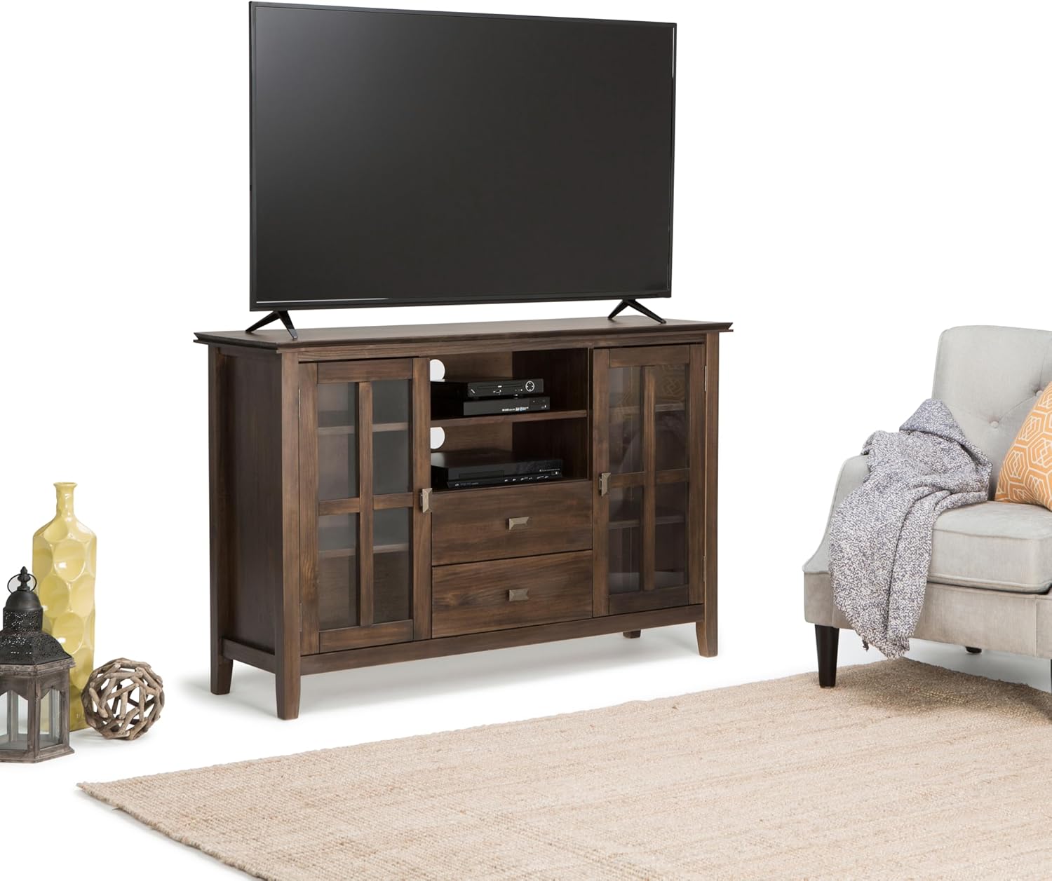 SIMPLIHOME Artisan SOLID WOOD 53 Inch Wide Transitional TV Media Stand in Natural Aged Brown for TVs up to 60 Inches