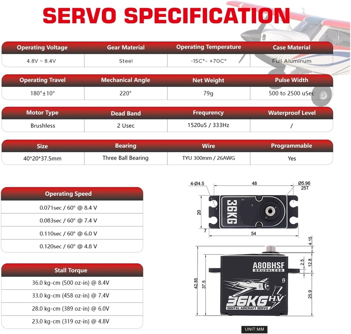 A80BHSF HV 36KG High Torque High Torque Digital Brushless Standard Programmable Servo Suitable for 30-200CC(A80BHSF 36kg Servo)